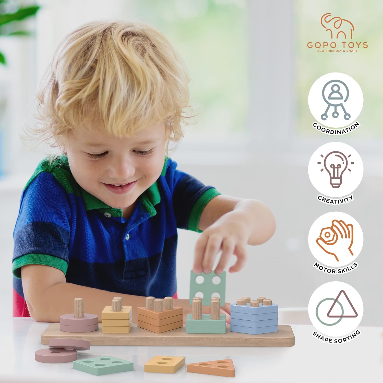GOPO TOYS Wooden Shape Sorter & Stacking Puzzle – Fun Learning Toy for 1+ Year Olds to Boost Fine Motor Skills