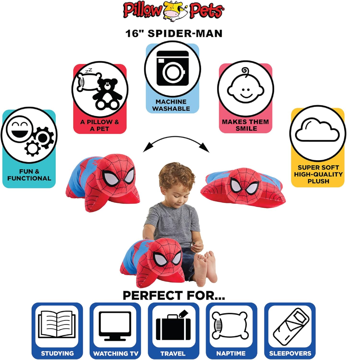 Pillow Pets 16 inch Spider-Man Plush Toy, Marvel Disney Stuffed Animal